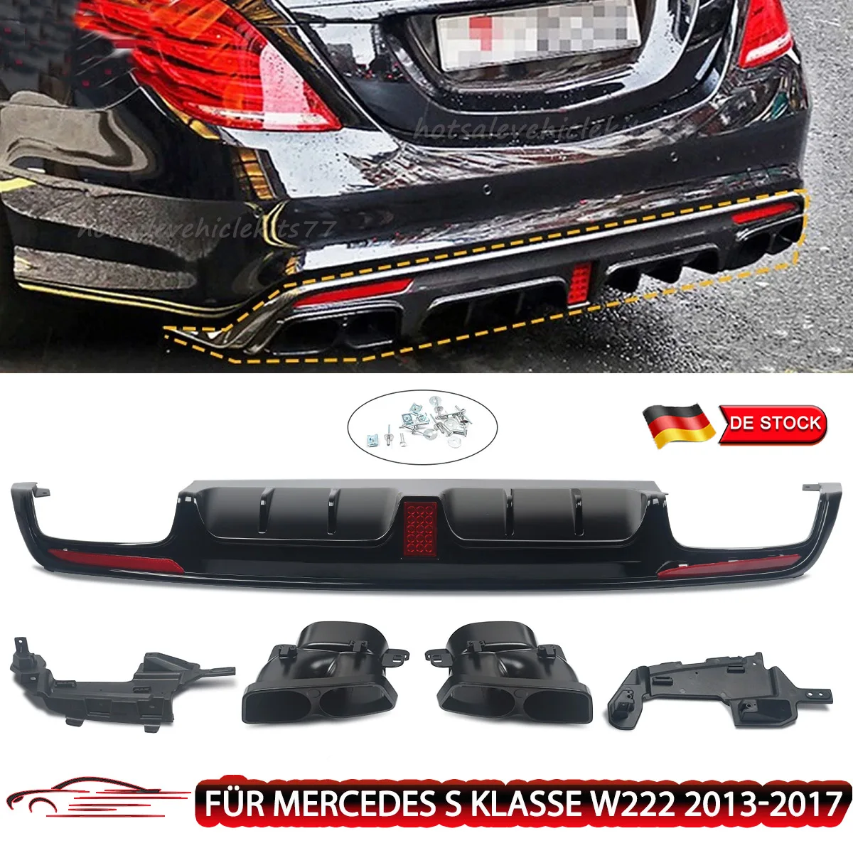 Heckstoßstangen-Diffusorlippe mit LED-Licht für Mercedes Benz W222 S560 S350 S300 S400 mit AMG-Line 2013–2017 Auspuffrohre