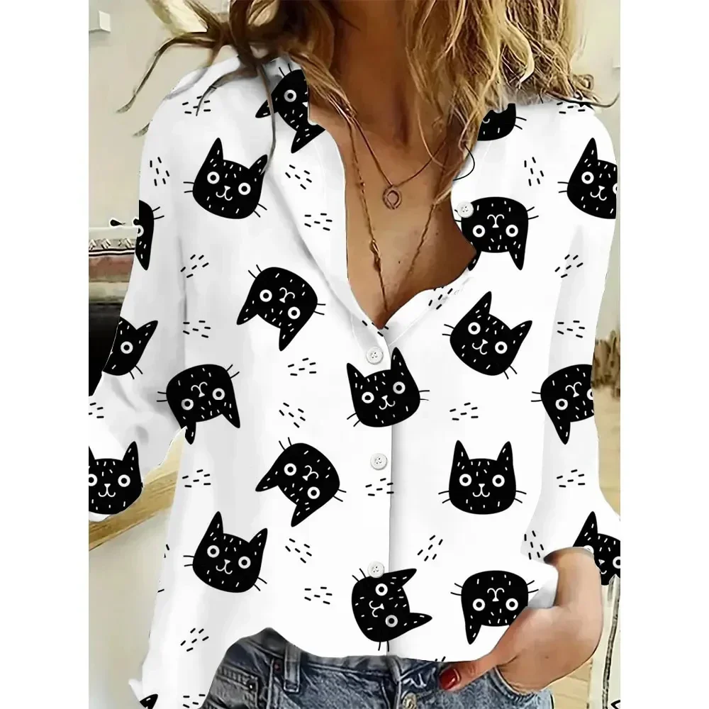 2024 Women\'s Shirt Tops Grey Cute Cat Print Shirt Temperament Long Sleeve Casual Fashion Daily Shirt Spring and Summer Tops