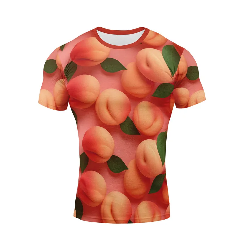 Men's peach-print tight-fitting short-sleeve shirtTT-shirt with printed design for casual sports and everyday wear
