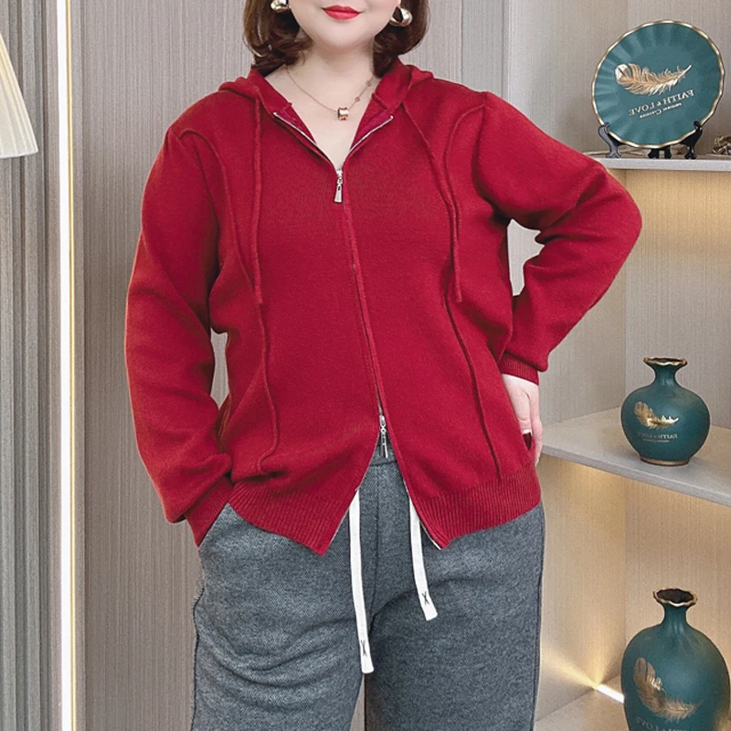 

Женский свитер больших размеров 3XL, осенне-зимний утепленный кардиган с капюшоном, толстый вязаный джемпер на молнии 2440