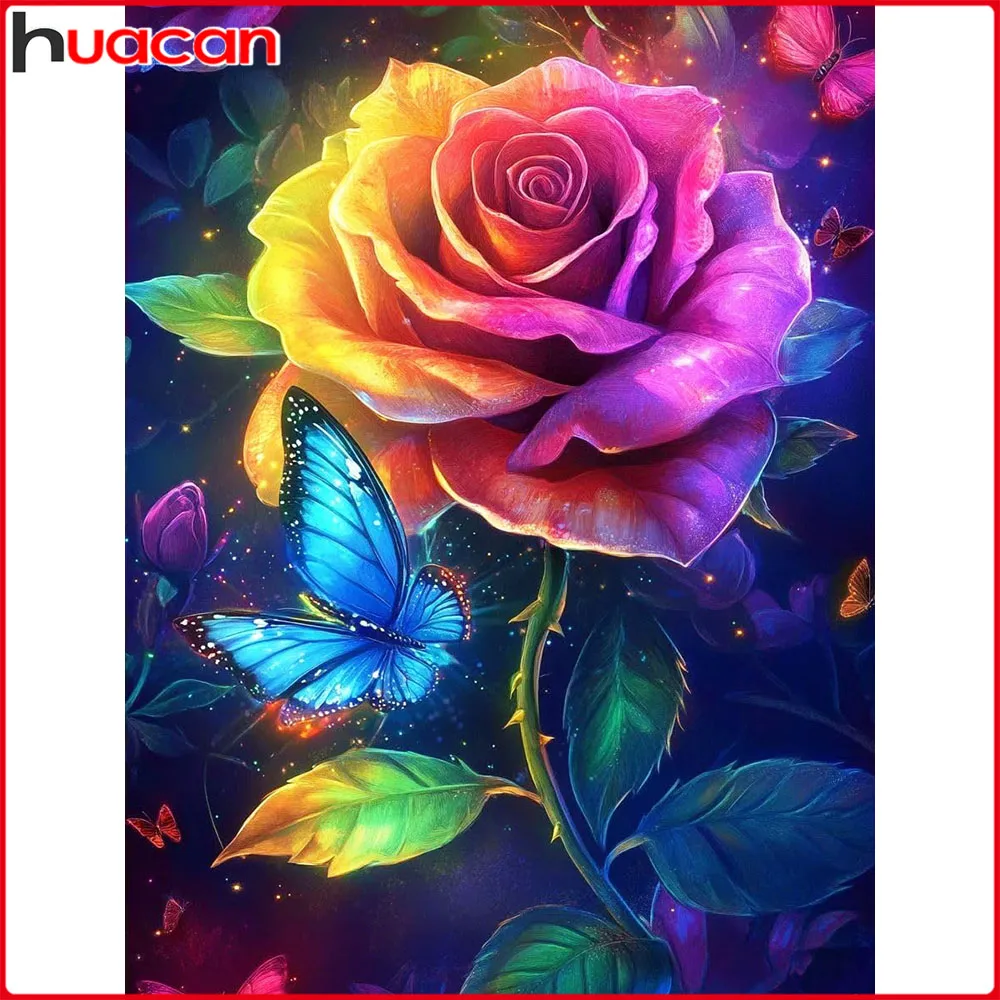 Huacan Vollquadrat-Rundbohrer 5D Diamantmalerei Rose Schmetterling Diamantmosaik Blumen Komplettset Wanddekoration