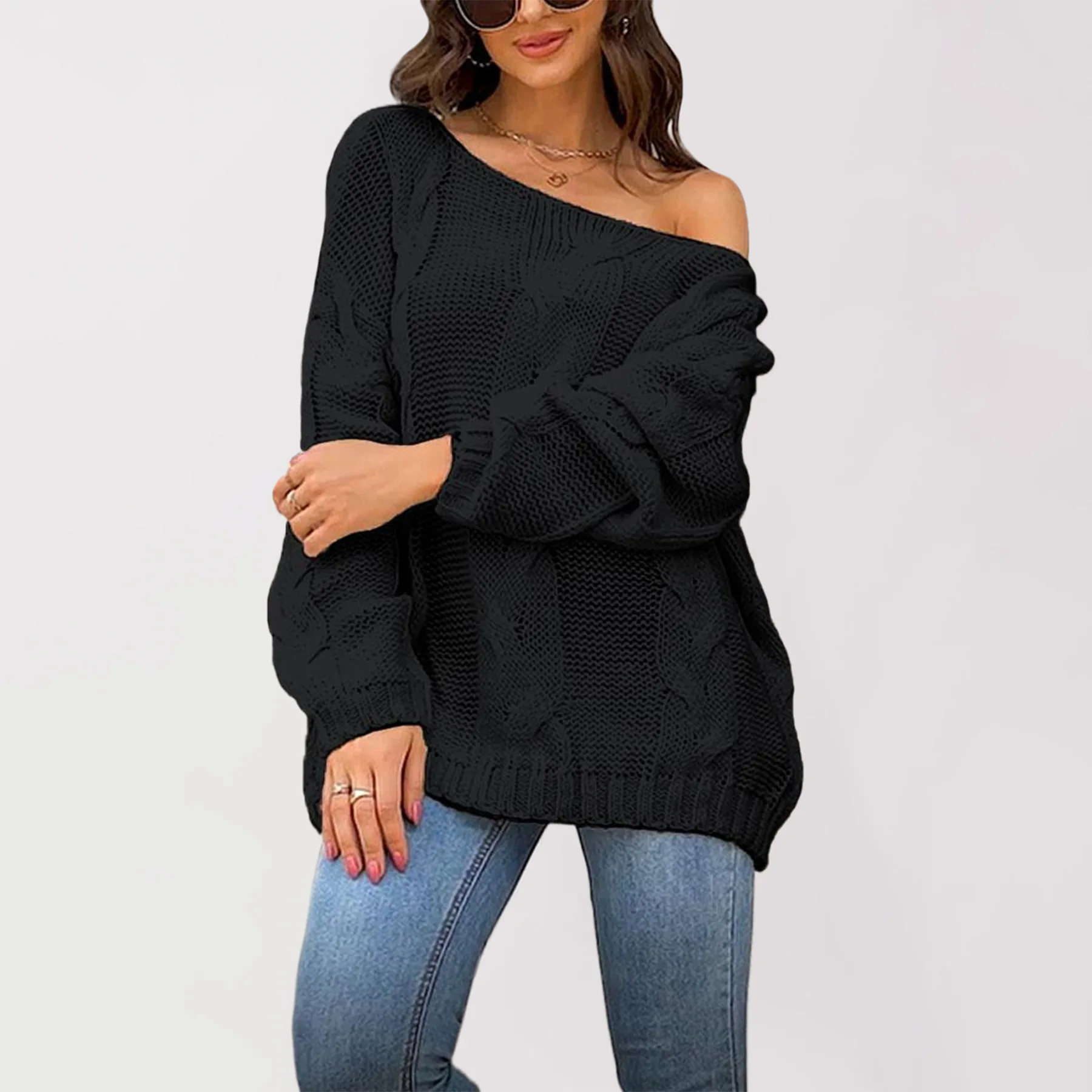 Women's New Solid Color Diagonal Neckline Off-the-shoulder Long-sleeve Loose Pullover Knit Sweater for Women Autumn and Winter