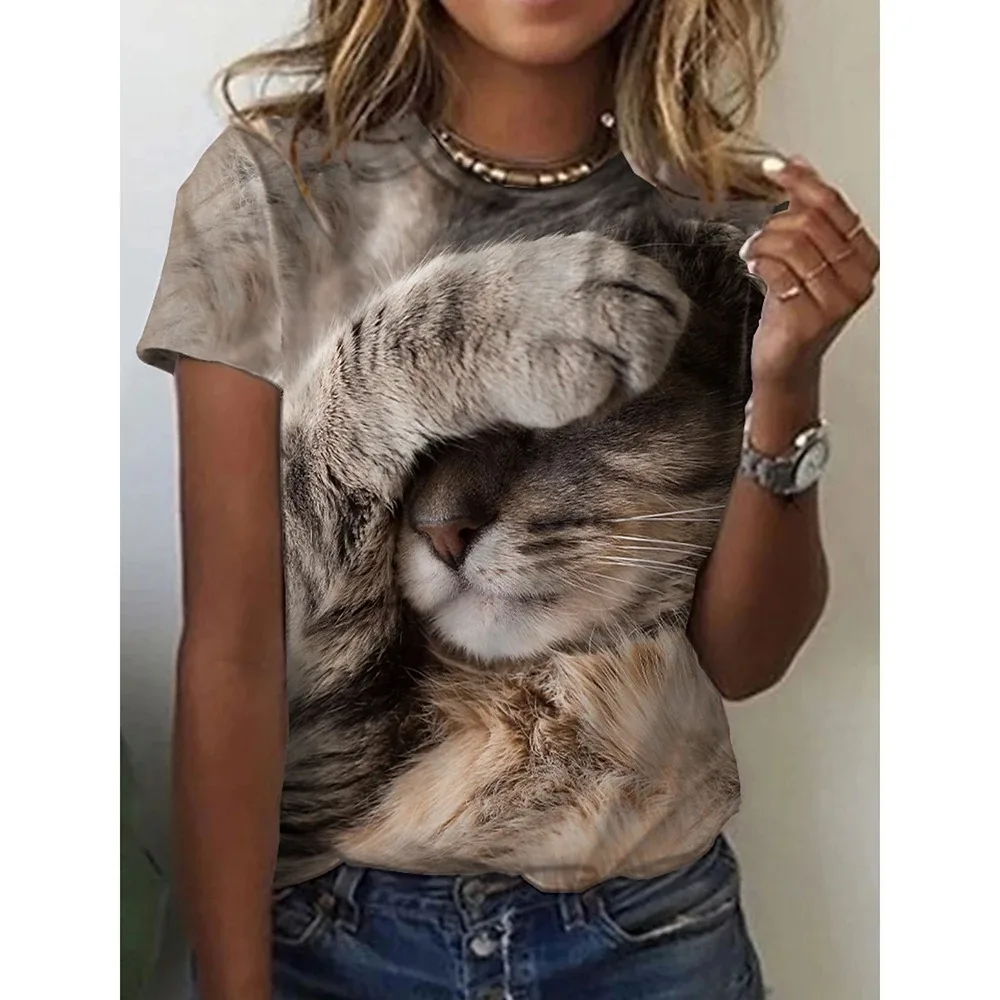 Camiseta con estampado de gato en 3d para mujer, camisetas de moda para mujer, Tops Y2k, Harajuku Kawaii, Top de gran tamaño con cuello redondo,