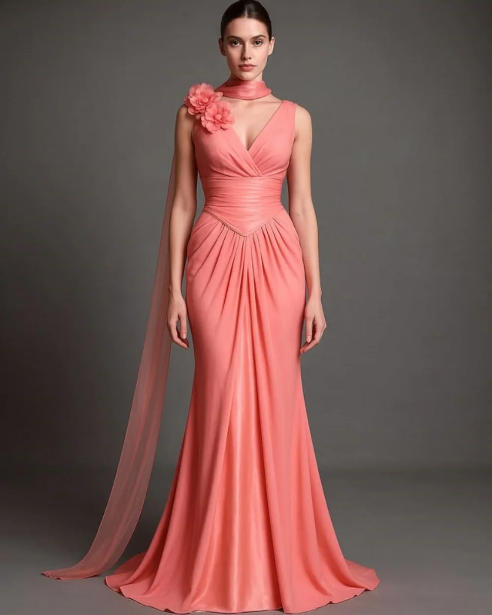 

Customized Sizes Available Exquisite Handmade Flower Ruched Mermaid V-neck Long Dresses Bespoke Occasion Dresses Elegant Formal