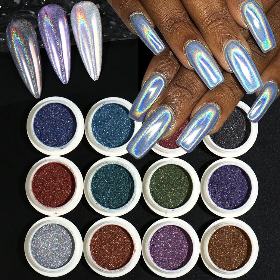 12 stuks holografisch chroom nagelpoeder glitter laser zilver roze metallic regenboog wrijven stof pigment nagelkunst decoraties make-up