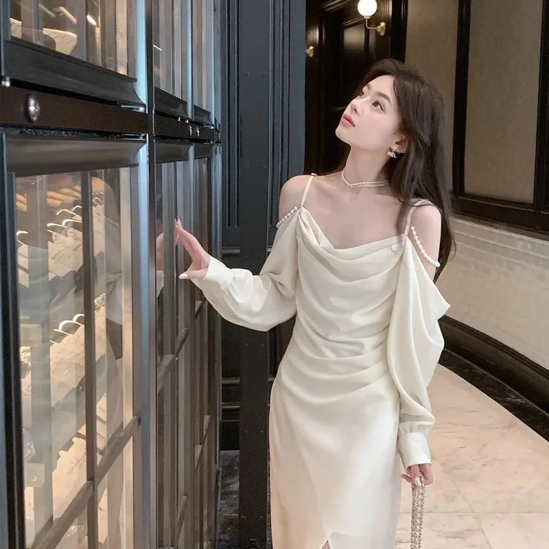 Robe à bretelles en Satin, épaules dénudées, col fendu, jupe longue fendue, atmosphérique, automne