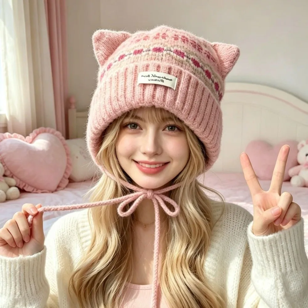 Cute Cat Ear Knitted Woolen Cap Windproof Keep Warm Strap Beanie Hat Thickened Fell Island Style Winter Pullover Hat Winter