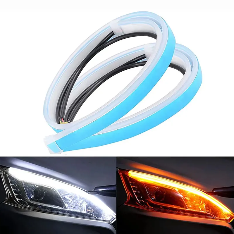 

2pcs 12V LED DRL Car Daytime Running Light Flexible Waterproof Strip Auto Headlights White Turn-Signal Yellow Brake Flow Lights