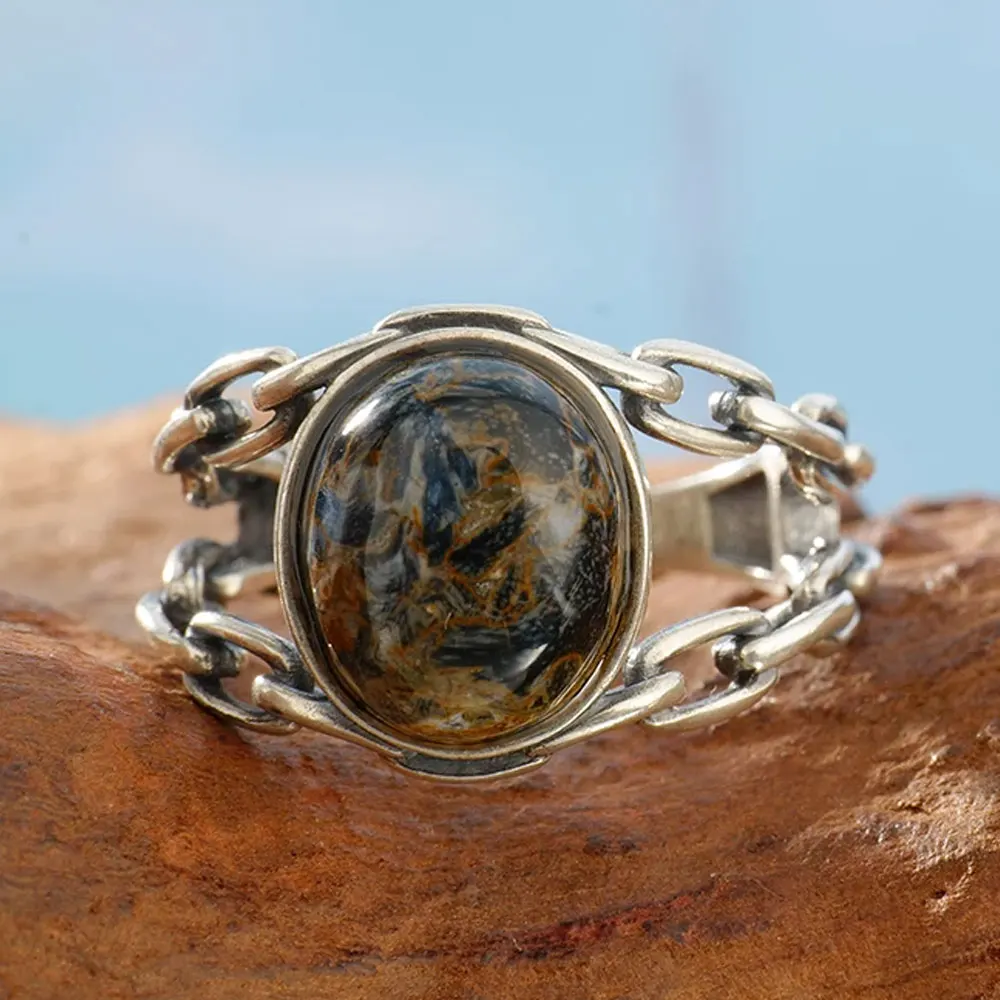 

Punk style 925 sterling silver men's ring with natural Peter stone texture women's ring handmade personalized party jewelry gift