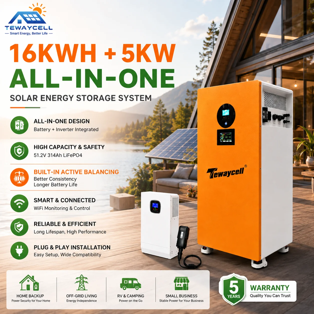 Tewaycell 16kWh 5kW Inverter Off Grid Solar Storage All in One System Active Balancing 51.2V 314Ah LiFePO4 Battery Home ESS WiFi
