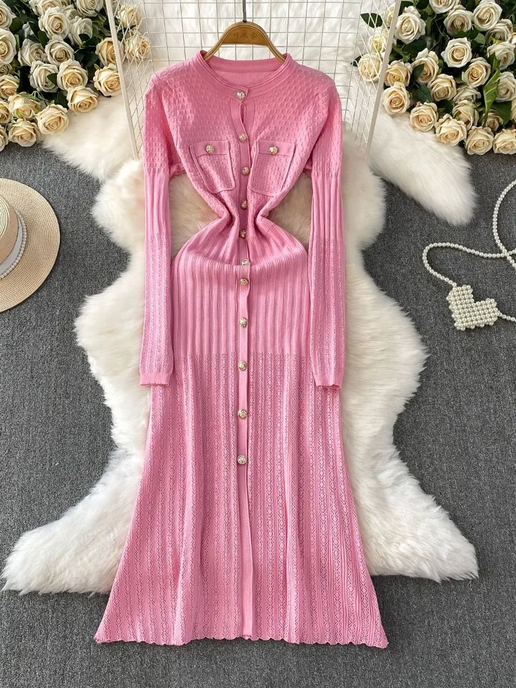 

Повседневное облегающее однотонное однобортное трикотажное плиссированное платье с длинными рукавами, женские осенне-зимние платья, платье макси с рыбьим хвостом