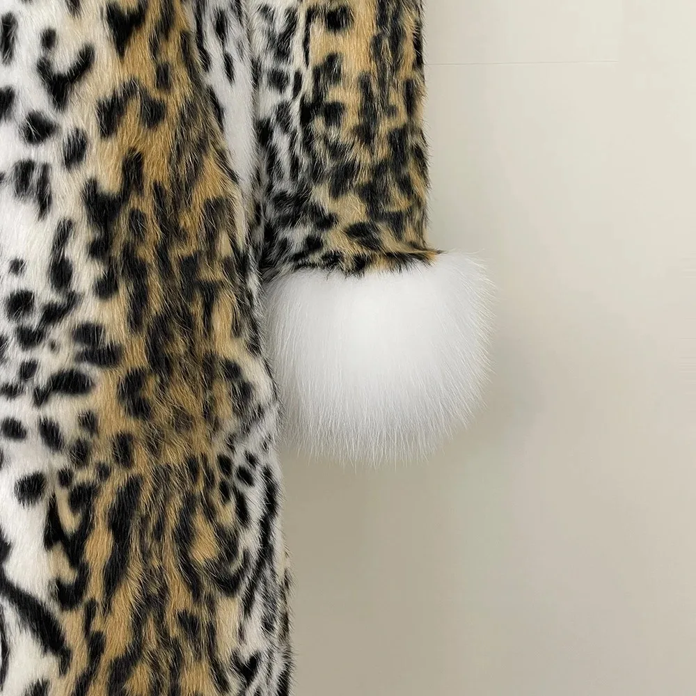 Natural Rabbit Fur Coat Leopard Print Fox Fur Collar 2024 Autumn Winter Long Fashionable Thickened Warm fur Coat One-piece Women