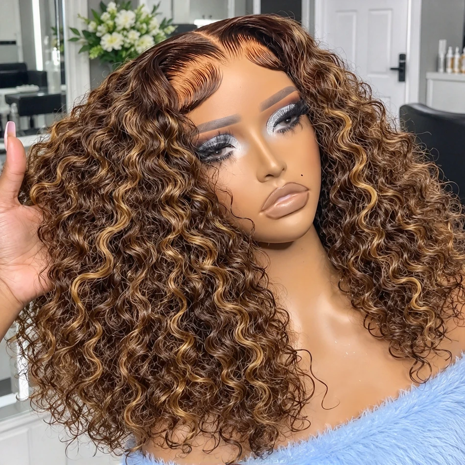 12Inch Highlight Deep Wave Short Bob Wig Curly 13x4 Lace Front Wigs Brazilian  Human Hair Ombre 4/27 Water Wave Bob Wigs