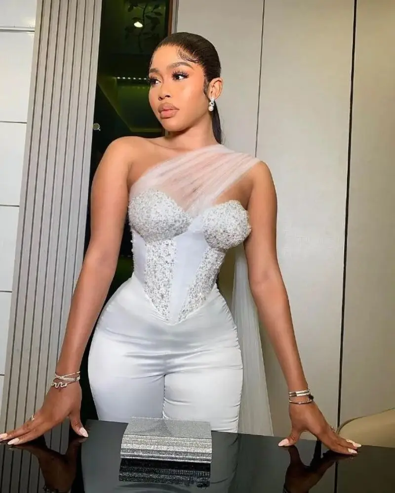 Customized Sweetheart Corset Women Jumpsuit Wedding Dresses With Tulle Ribbon Beaded Pearls Lace-up Aso Ebi Bridal Gown