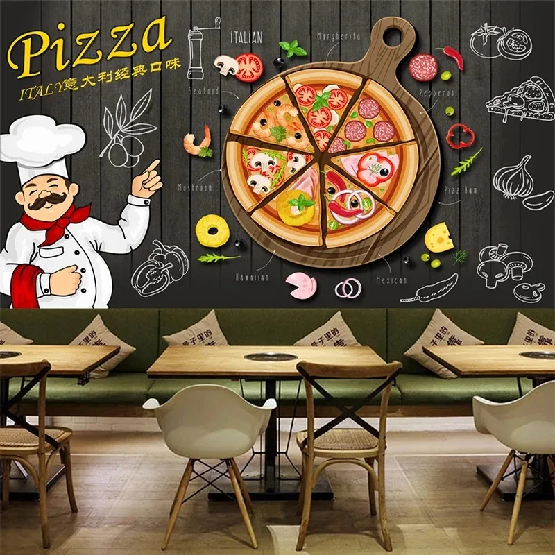 Custom Any Size Mural Wallpaper Vintage Black Wooden Board Pizza Wallpaper Restaurant Cafe Snack Bar Background Wall Painting 3D