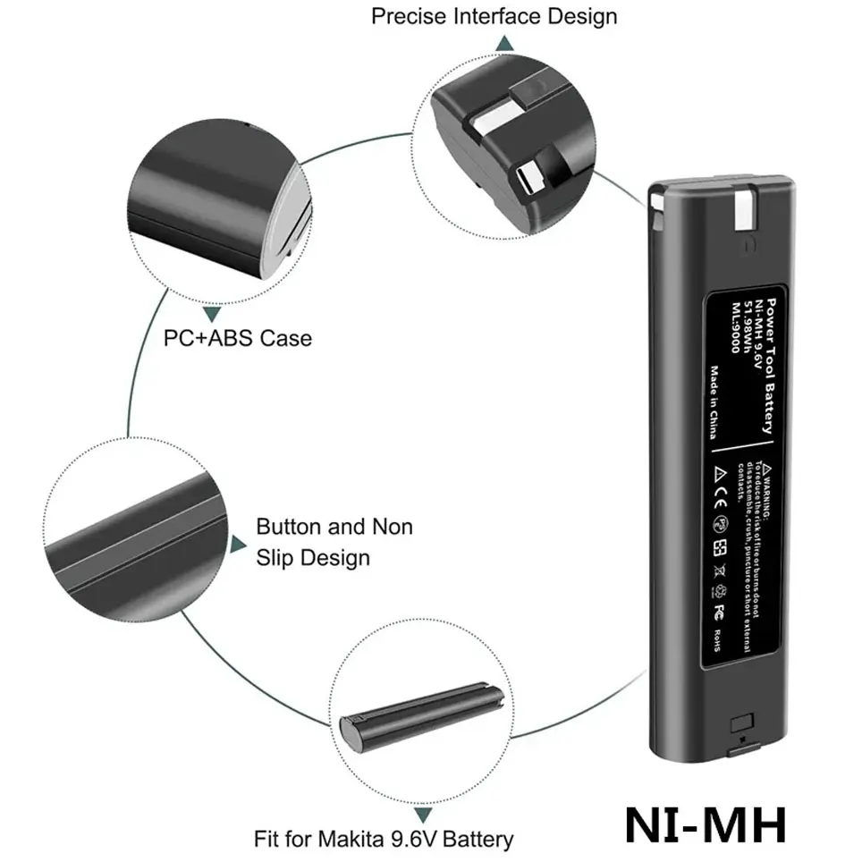 9.6V 6.8Ah Li-Ion Battery Replacement for Makita 9000 9002 9033, 6095D 6096D 6093D 6012HD DA391D 5090D 4390D 5090D 8402VD ML902