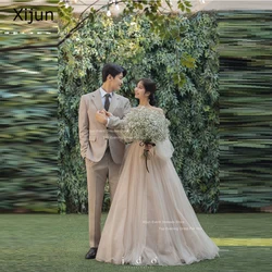 Xijun Fairy Tulle Wedding Dresses A-Line Floor Length Prom Dresses Sleeves Off The Shoulder Pom Gowns Bridal Gowns 2023 Korean