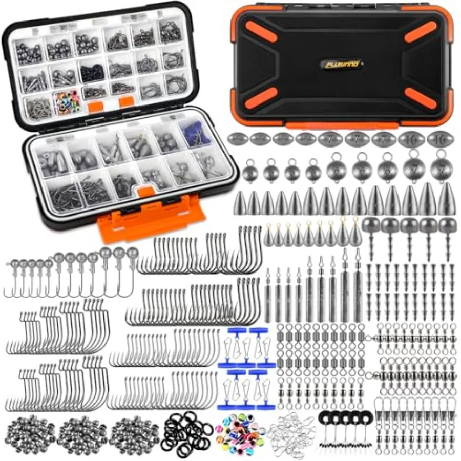 

264/397pcs Fishing Accessories Kit Organized Fishing Tackle Box with Tackle Included Fishing Hooks Fishing Weights Sinkers Swiv