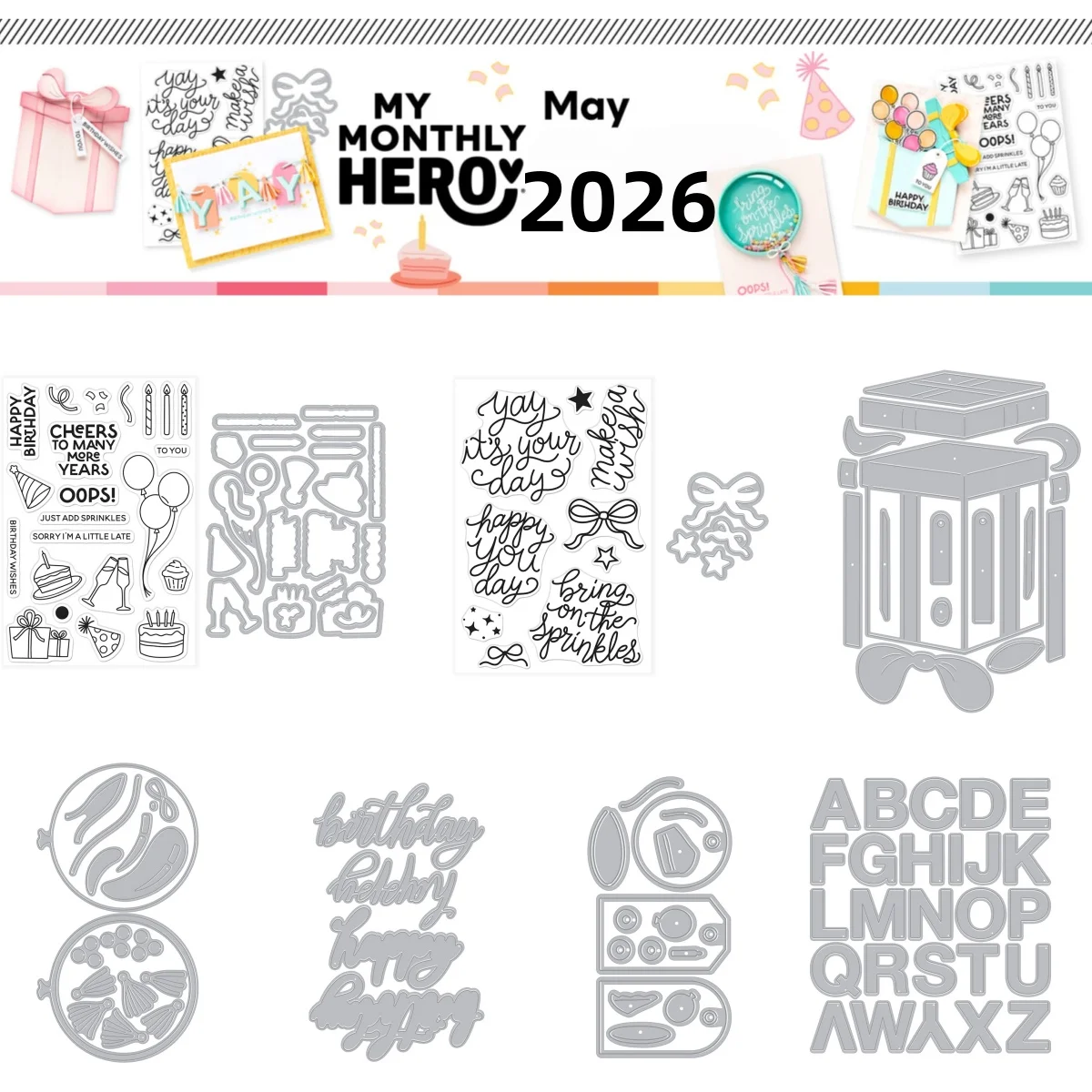 

May 2026 Birthday Balloon Present Alphabet Metal Cutting Dies Clear Stamp for DIY Making Gift Card Scrapbook Embossed Decoration