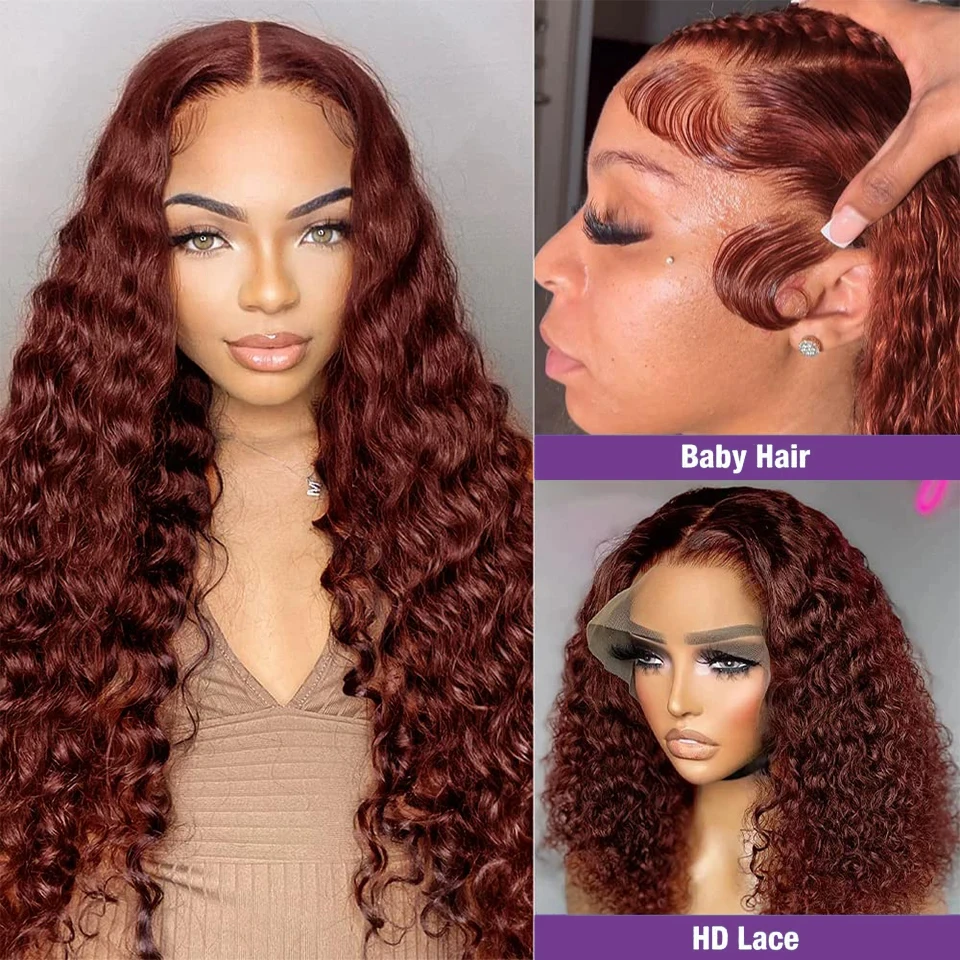 30 Inch 13x6 Frontal Lace Wigs Reddish Brown Deep Wave Lace Frontal Human Hair Wig Colored Wig Human Hair Brazilian curly 360