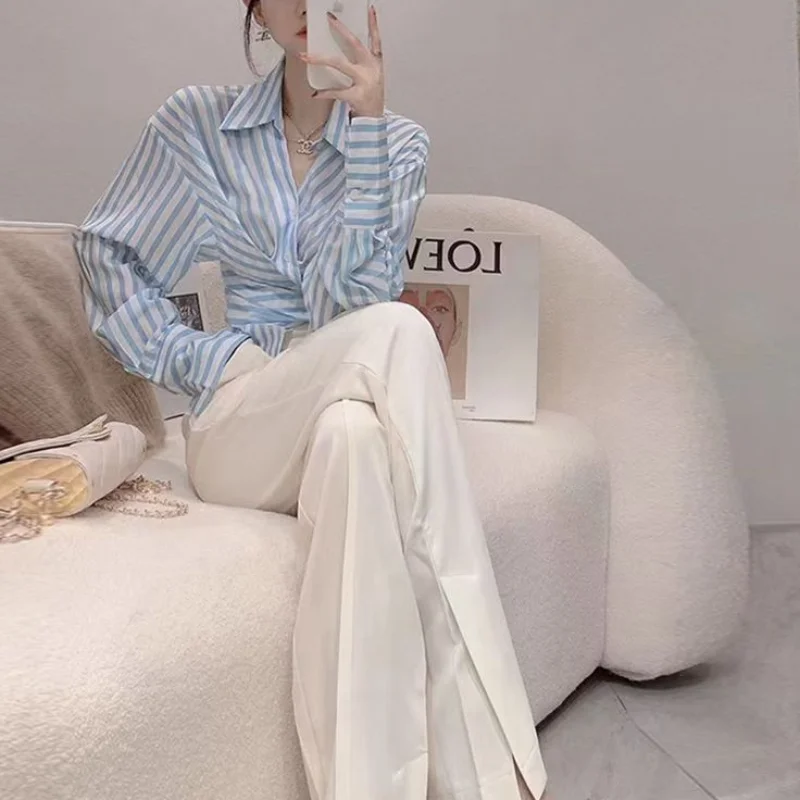 Blouse and Pant Sets for Women 2 Pieces Spring Autumn Stripe Shirt Wide Leg Trousers Woman Classy Casual Elegant Korean Style D