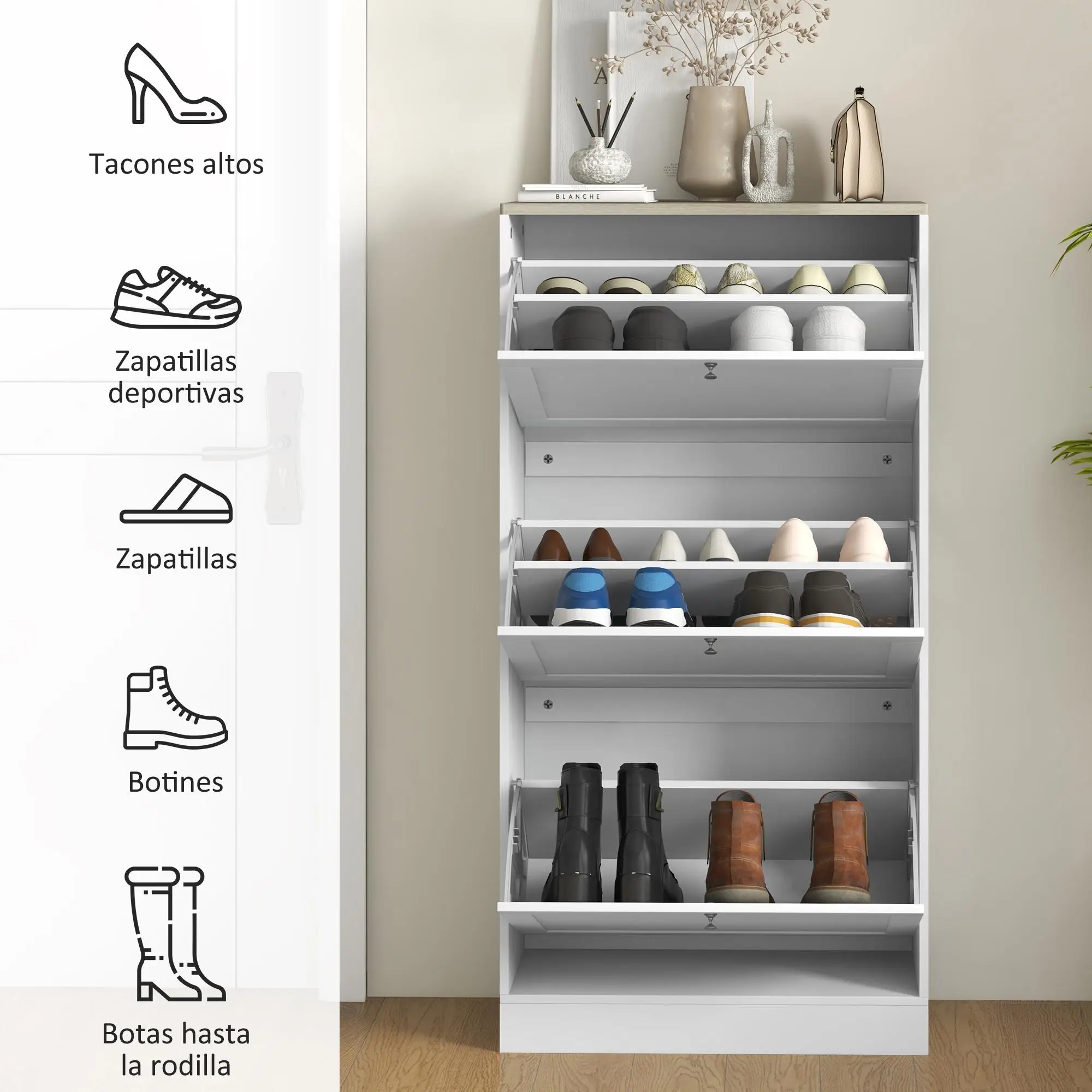 Meuble à chaussures blanc 60x115x24cm avec 3 portes pliantes pour 18 paires, planchers réglables, anti-chute