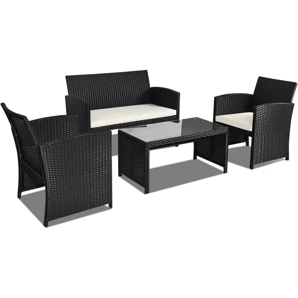 

4-Piece Outdoor Wicker Patio Furniture Set with Cushions and Glass Top for Garden, Poolside