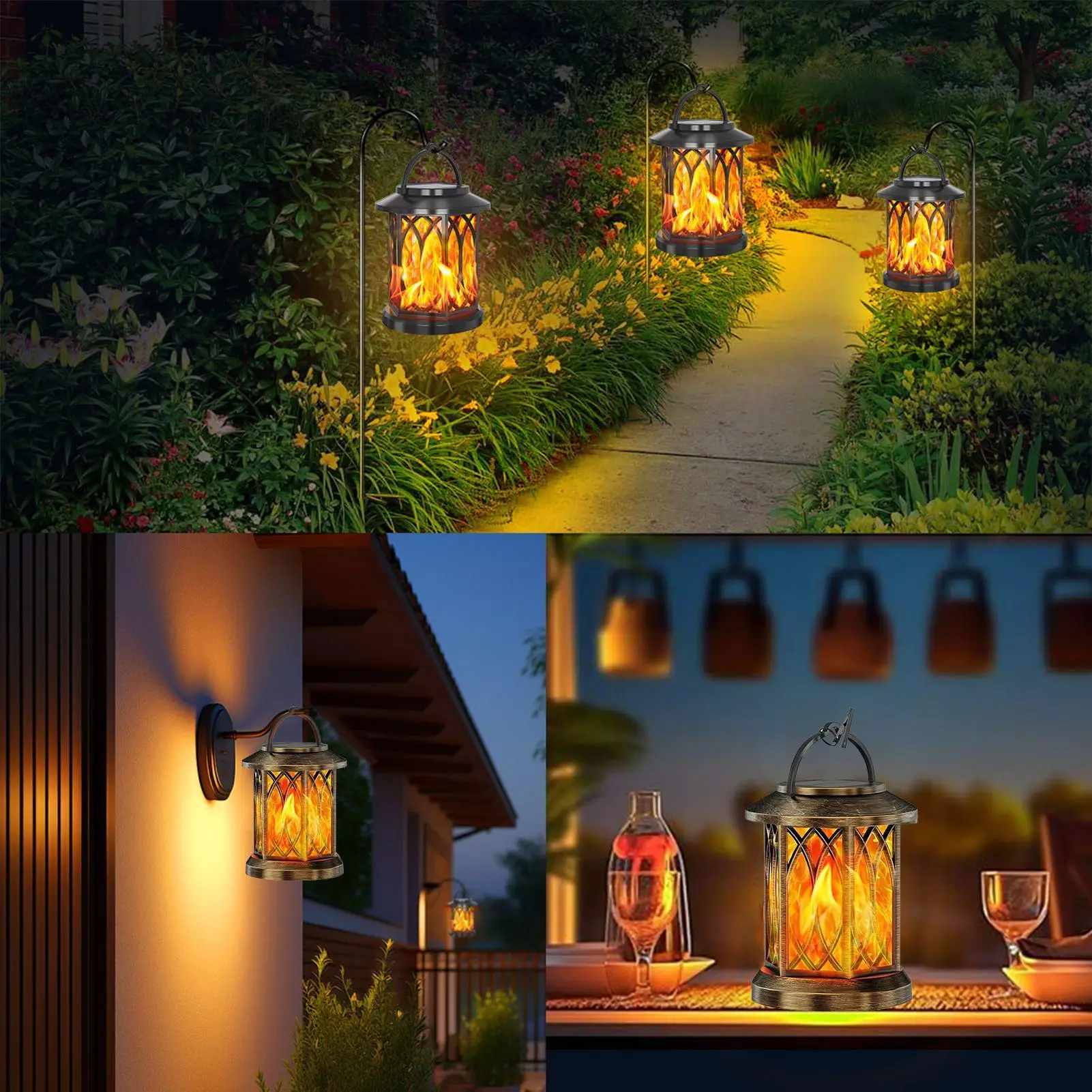 Solar Flickering Flame Lantern Hanging Outdoor with Handle Solar Charging for Garden or Yard Camping Lamps Christmas Decorations