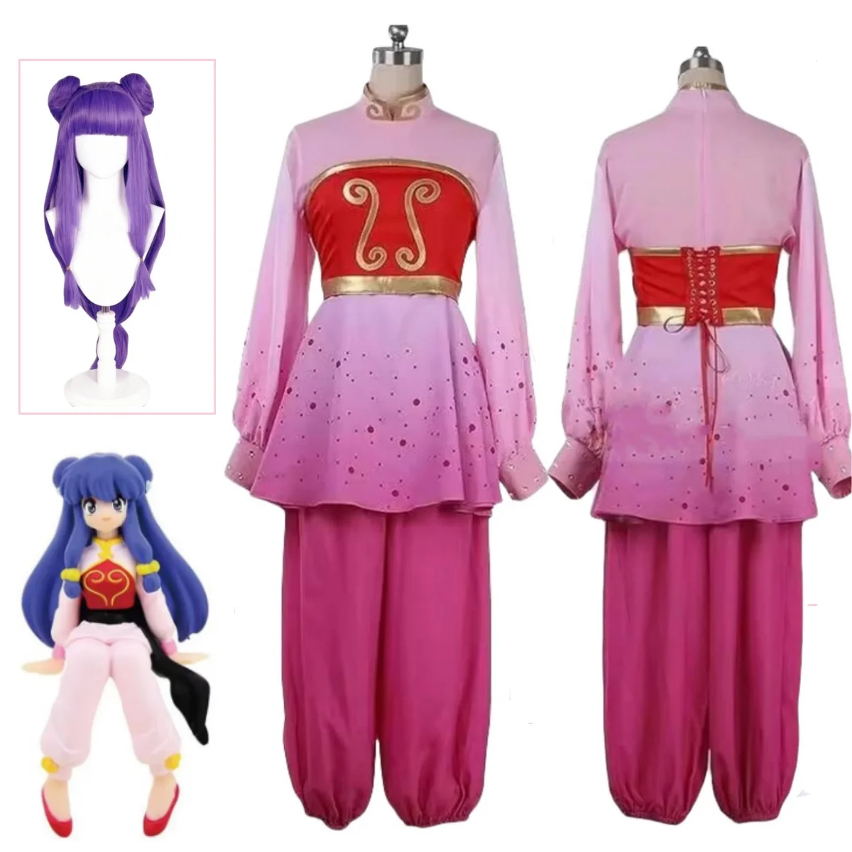 Anime şampuan Cosplay kostüm peruk Ranma Women kadın Cheongsam tarzı Stand Up yaka uzun kollu gömlek tüp üst pantolon özel