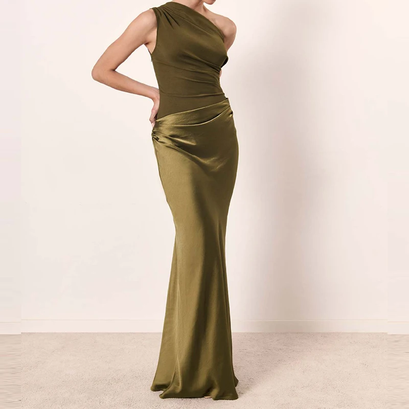 Luxuriöses, ärmelloses Satin-Wickelkleid mit Hüften, elegantes Damen-Sexy-Patchwork-dünnes Kleid 2025, lässiges, farbblockiertes Slash-Ausschnitt-Partykleid