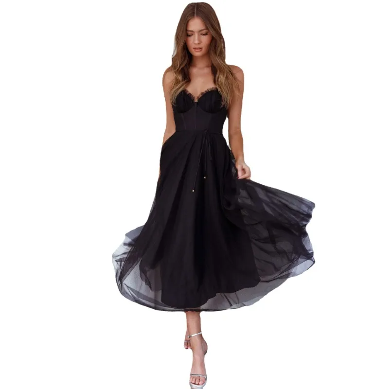 

Women Solid Color Sexy Low Cut Backless Leace-up Dress Chiffon Mesh Yarn Spaghetti Strap Long Dresses Trendy Party Vestidos New