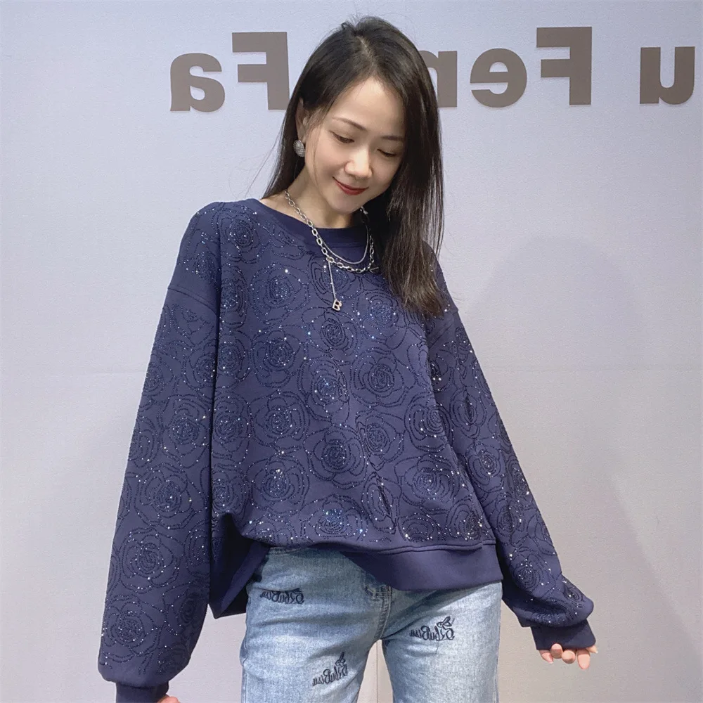 Ladies Rhinestone Short O-Neck Hoodies Autumn Winter New Fashion Versatile Loose Stylish Long Sleeved Top Pullover Sweatshirt