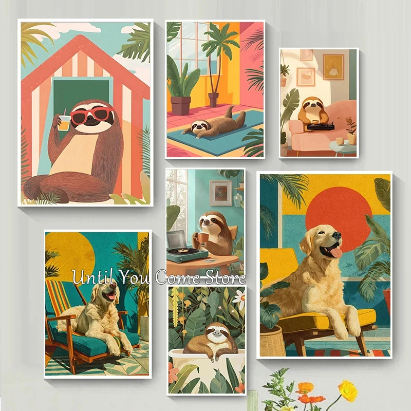Advanced Color Sloth Golden Retriever Animal Retro Art Poster Canvas Print Studio Coffee Shop Sofa Background Wall Decoration