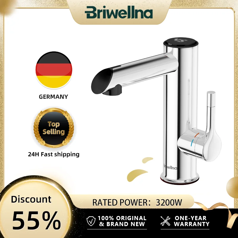 Briwellna Bathroom Electric Faucet Stainless Steel Hot Water Tap 220V Mini Water Heater Instant Hot Water Faucet 2 in 1 Mixer