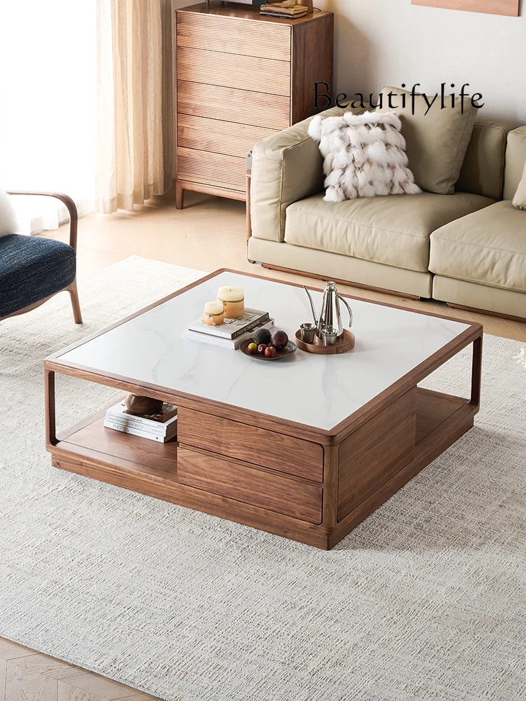 North America Black Walnut Wooden Tea Table Square Stone Plate Tea Table Living Room Home Sofa Low Table