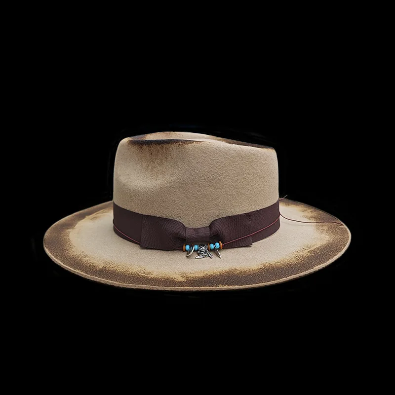 Wool Hat with Ribbon Decoration, Sheepskin Hat with Vintage Style, Sheepskin Hat with Feather Decoration, Wool Jazz Hat