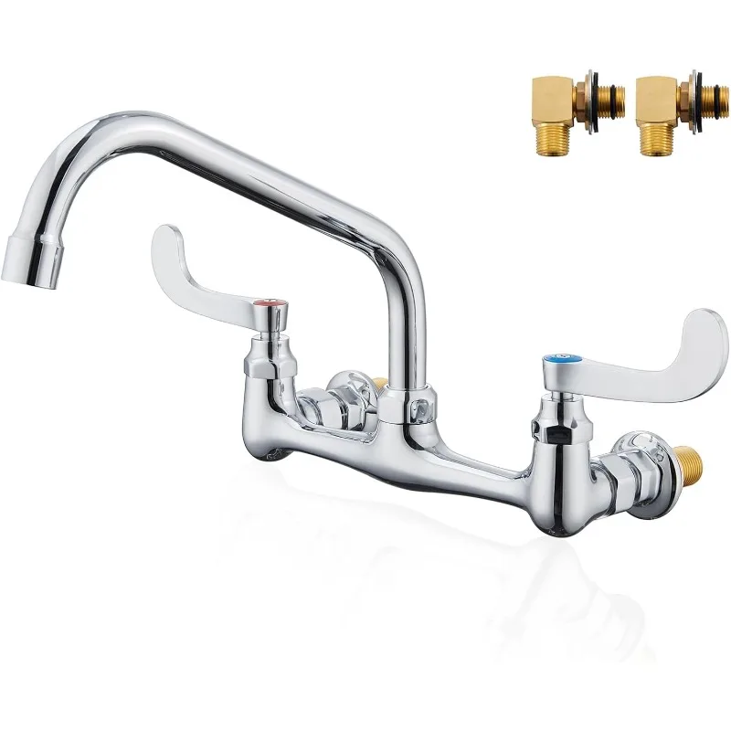 

Wall Mount Commercial Sink Faucet Long Handles Wall Mounted Kitchen Faucet 8 Inches Center Swivel Spout for Utility Laundry