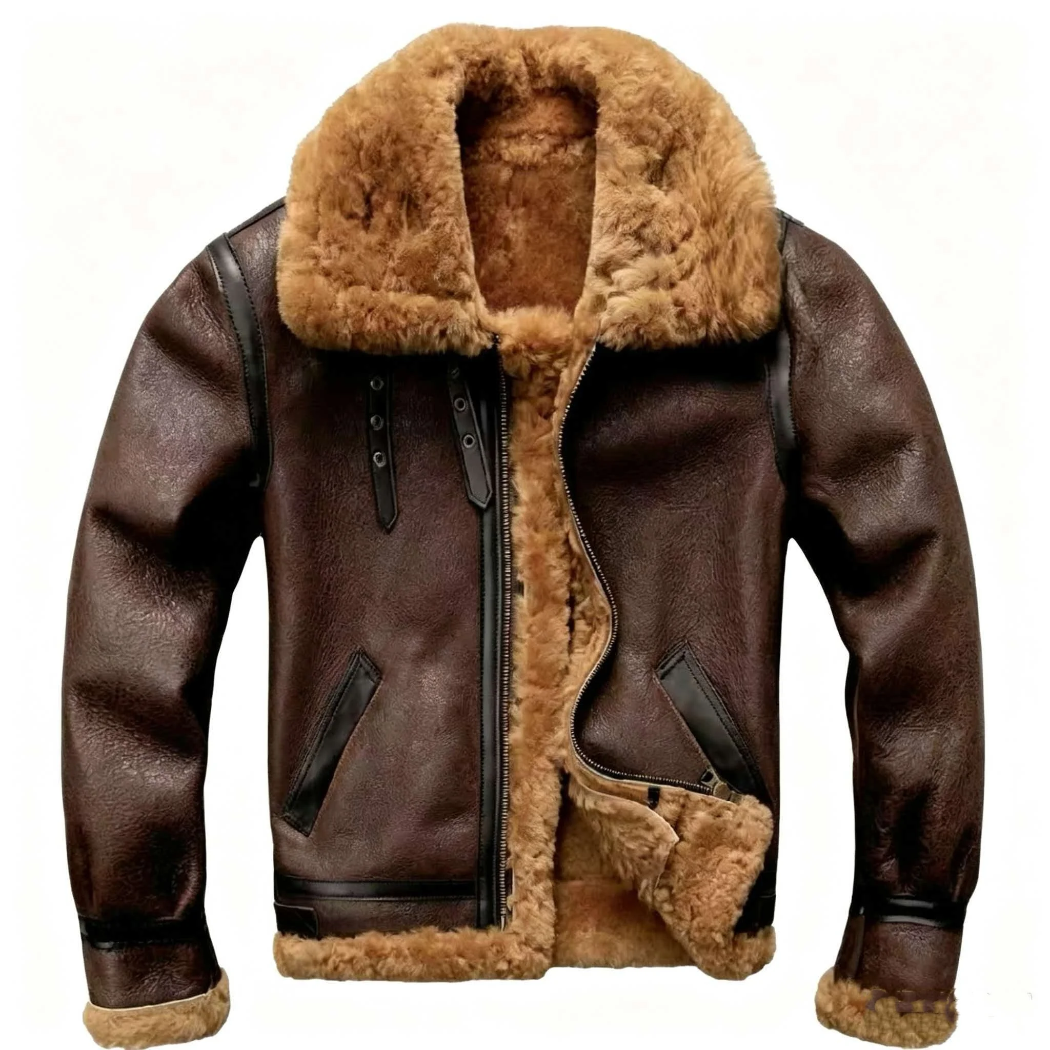 Brown Winter Shearling Jacket Men Retro Style Plus Size 5XL Genuine Natural Sheepskin Turn-Down Collar Thick Warm B3 Flight Coat