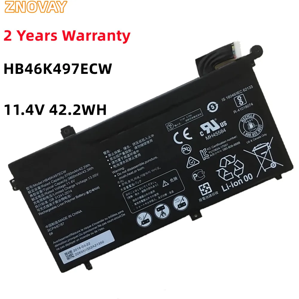 

ZNOVAY New HB46K497ECW 11.4V 42.2Wh Laptop Battery For Huawei Matebook D 2018 PL-W19 MRC-W60