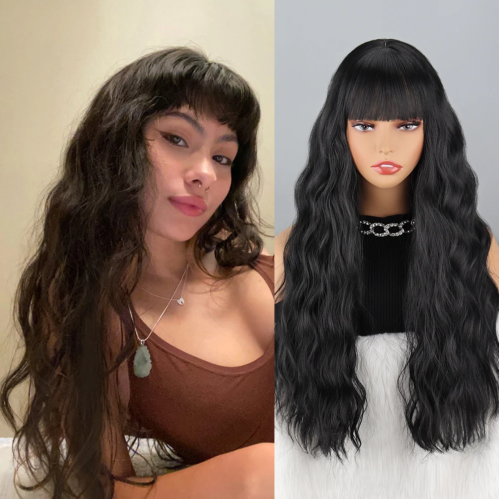 

Synthetic Long Water Wave Hair Wigs for Women Fluffy Nature Wigs with Bangs Party Regular Curly Hair Black Brown