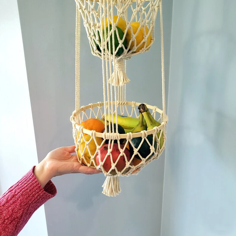 

Macrame Fruit Basket Wall Hanging Bohemian Woven Dish Kitchen Storage Space Saving Fruit Hammock Home Decor Hanging Basket