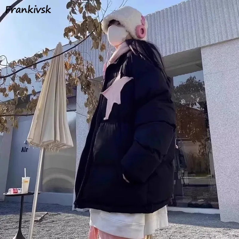 Hooded Parkas Women Star Patchwork Tender Fake 2 Pcs Warm Thickened Outwear Sweet Girls College Casual Winter Aesthetic Daily