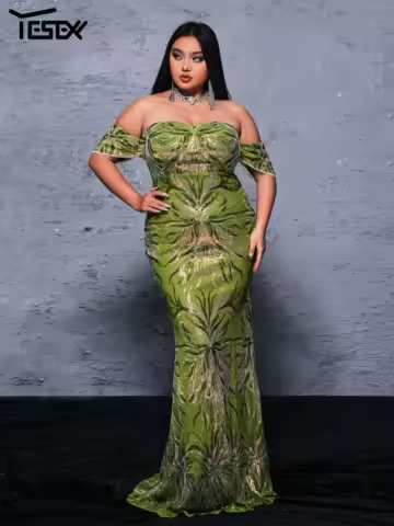 Yesexy Plus Size Off Shoulder Sequin Mermaid 4XL Large Evening Dress Formal Occasion Wedding Birthday Party Dress
