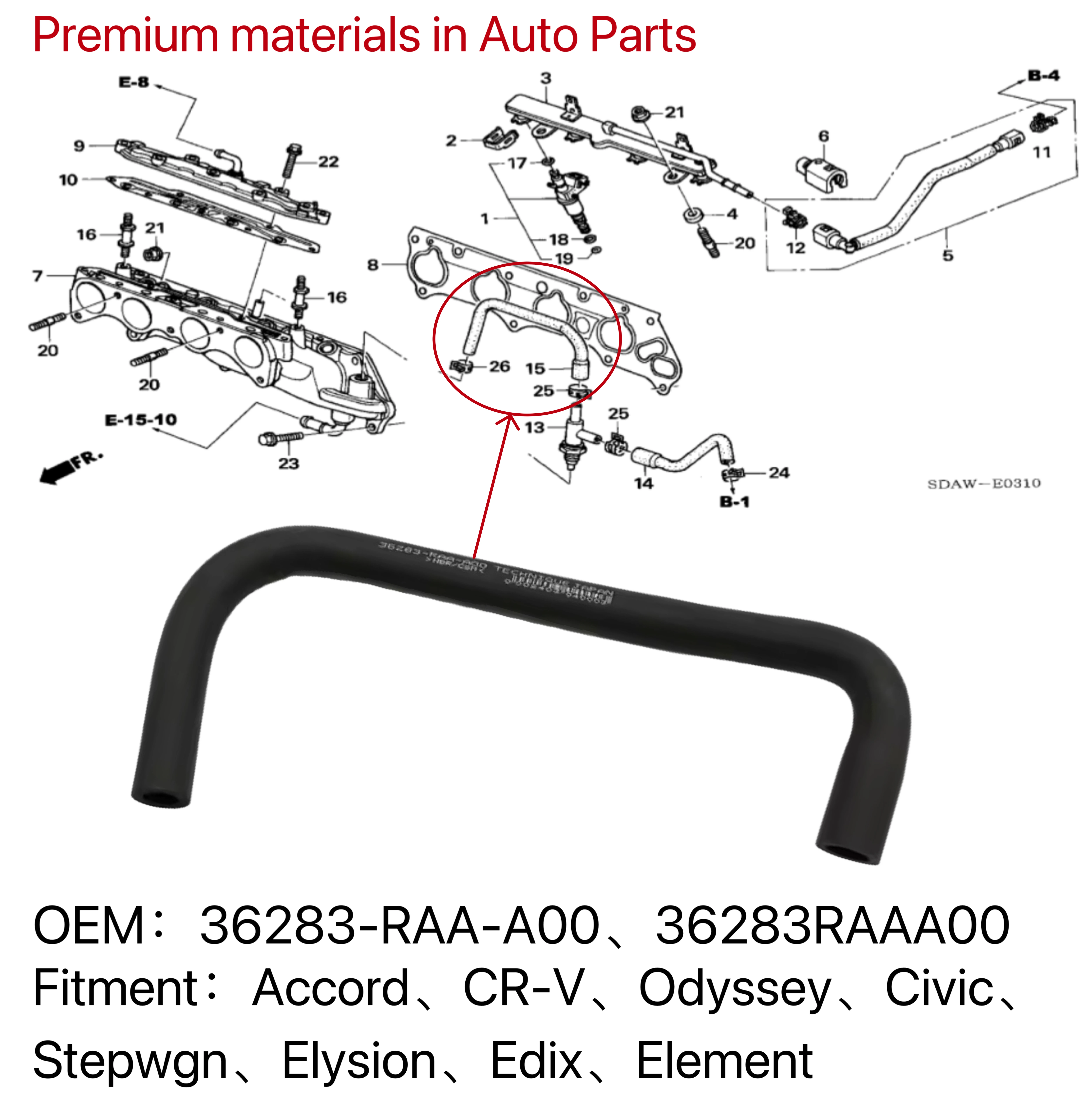 36283-RAA-A00 Secondary Air Solenoid Hose For Honda Accord CRV Odyssey Elysion Element Edix K24 Engine Air Assist Valve Connecti