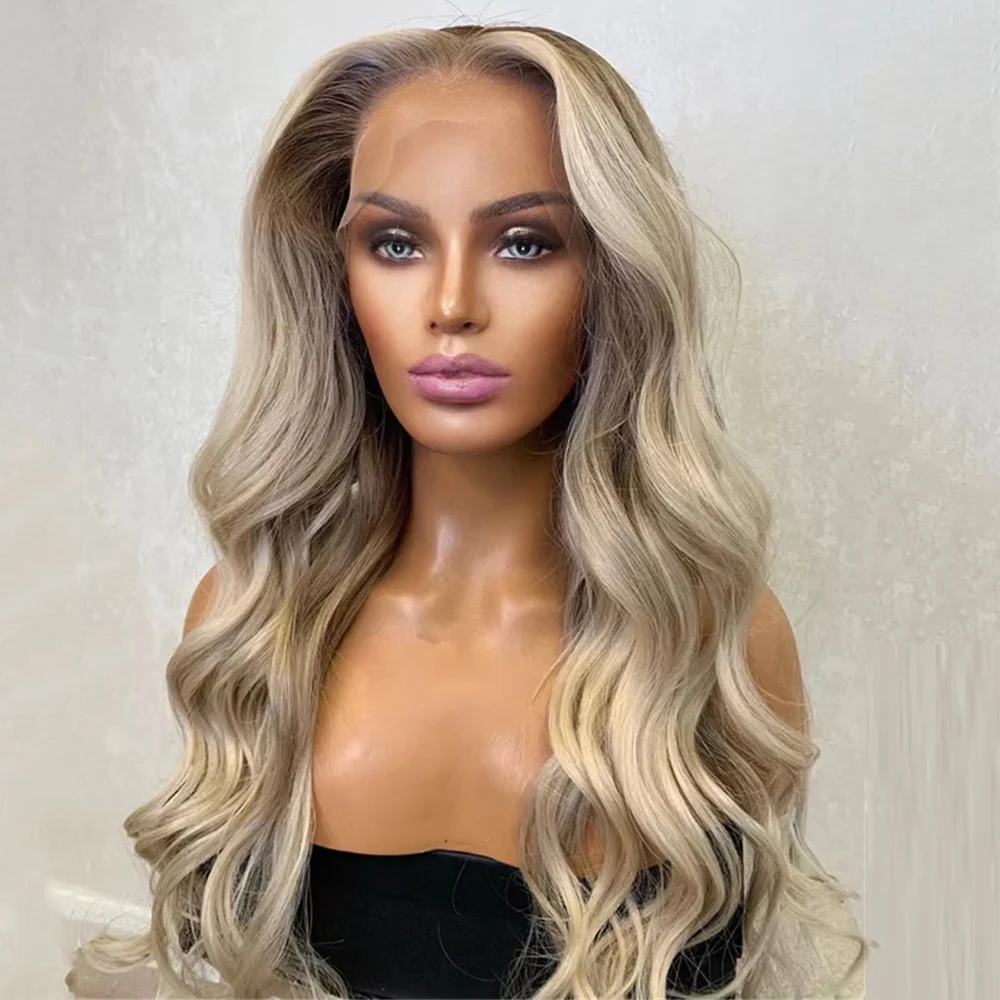 Glueless Wig 13x4 Middle Part Ombre Ash Blonde Highlights Synthetic HD Lace Front Wig with Ash Brown Roots Luxury Women's Wig