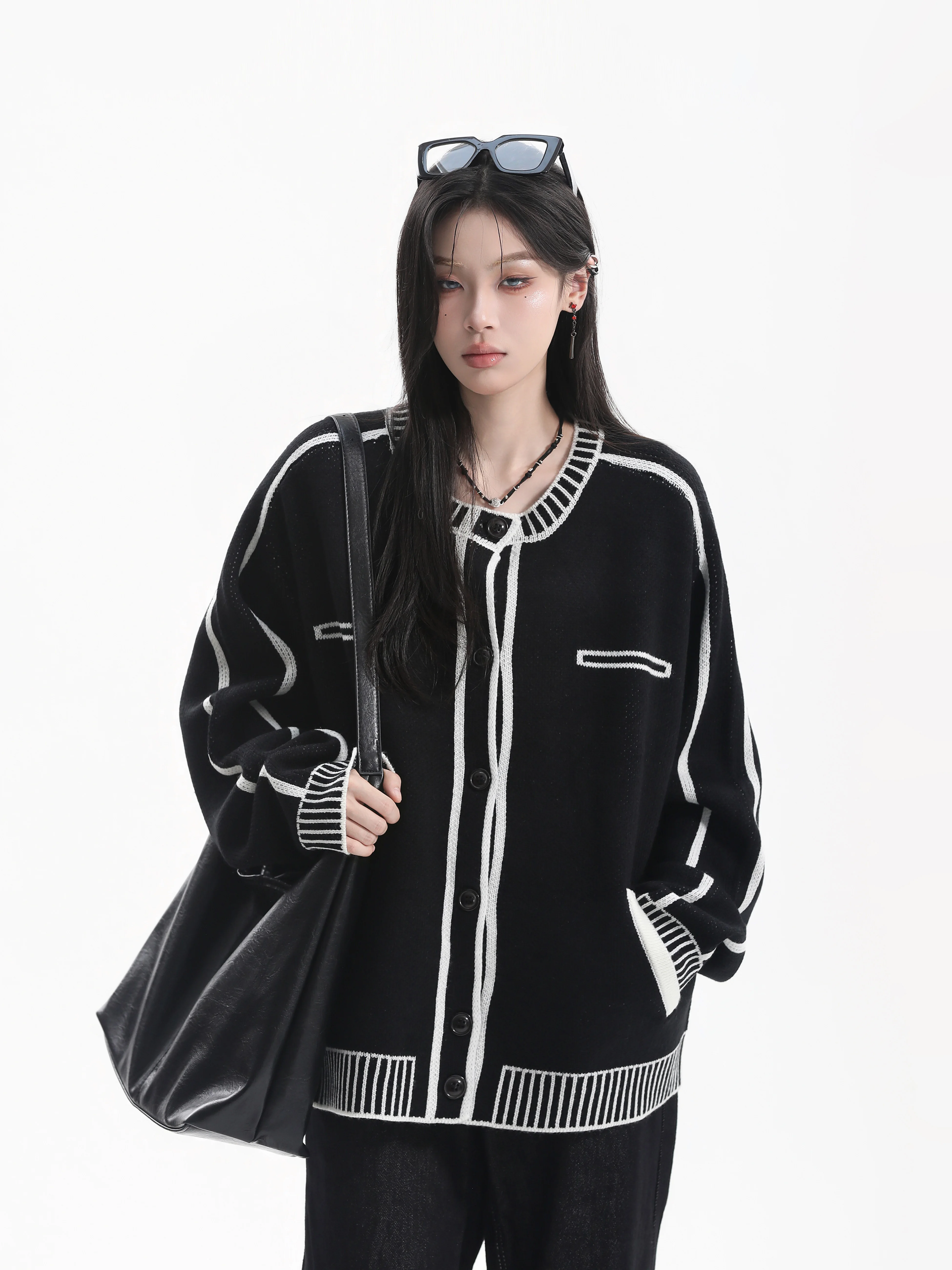 Cleanfit Korean Style Ageless Design Color Block Knitted Knit Cardigan Loose Fit Sweater Striped Pattern Contrast Line Embroi...