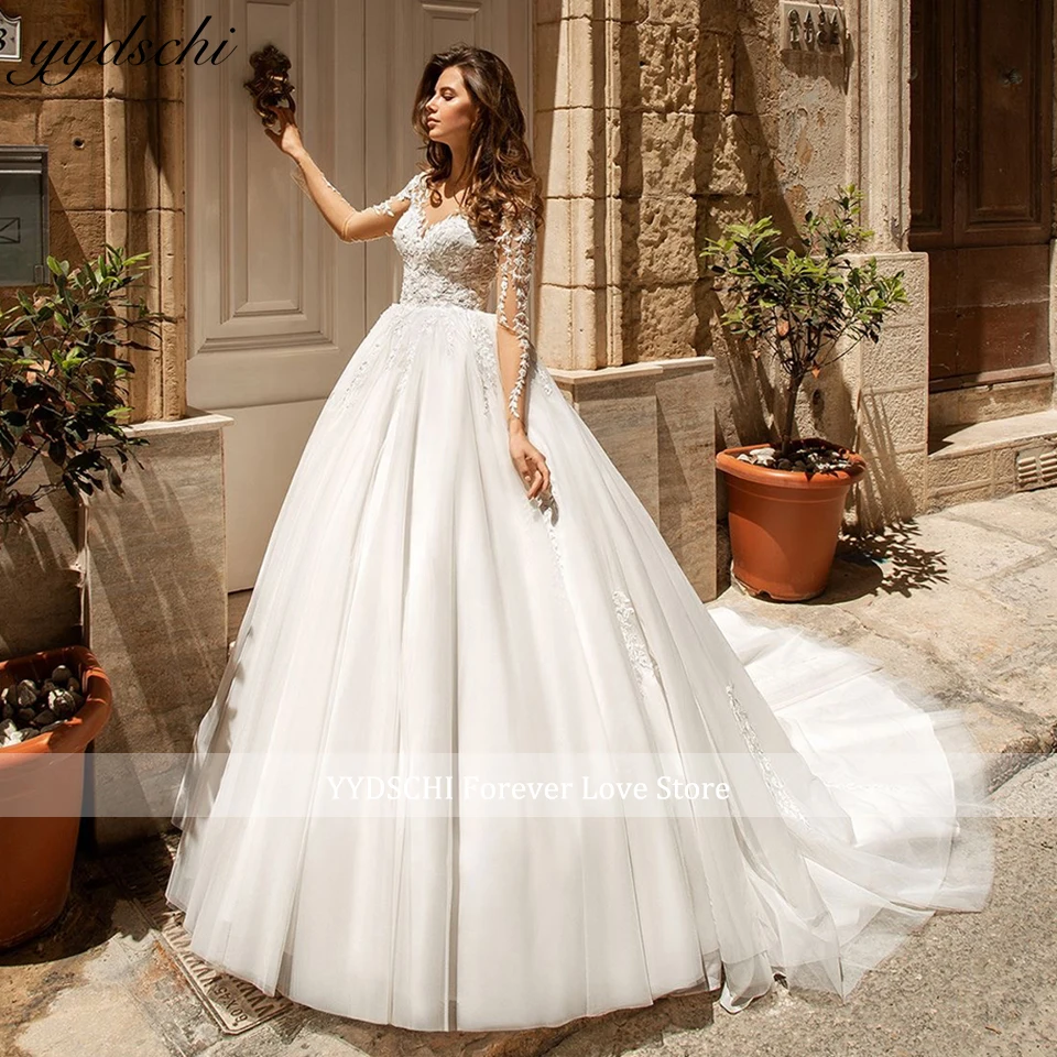 

Princess Ball Gown Long Sleeves Wedding Dresses For Women 2025 Lace Appliques V-Neck Court Train Bridal Gowns Vestido De Novia