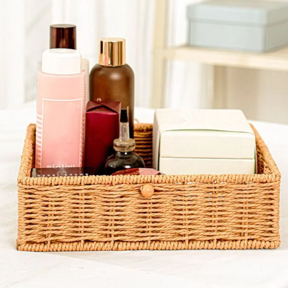 

New with Buckles Rectangular Rattan Storage Box Multi purpose 5 Sizes Woven Food Storage Basket Desktop Organizer