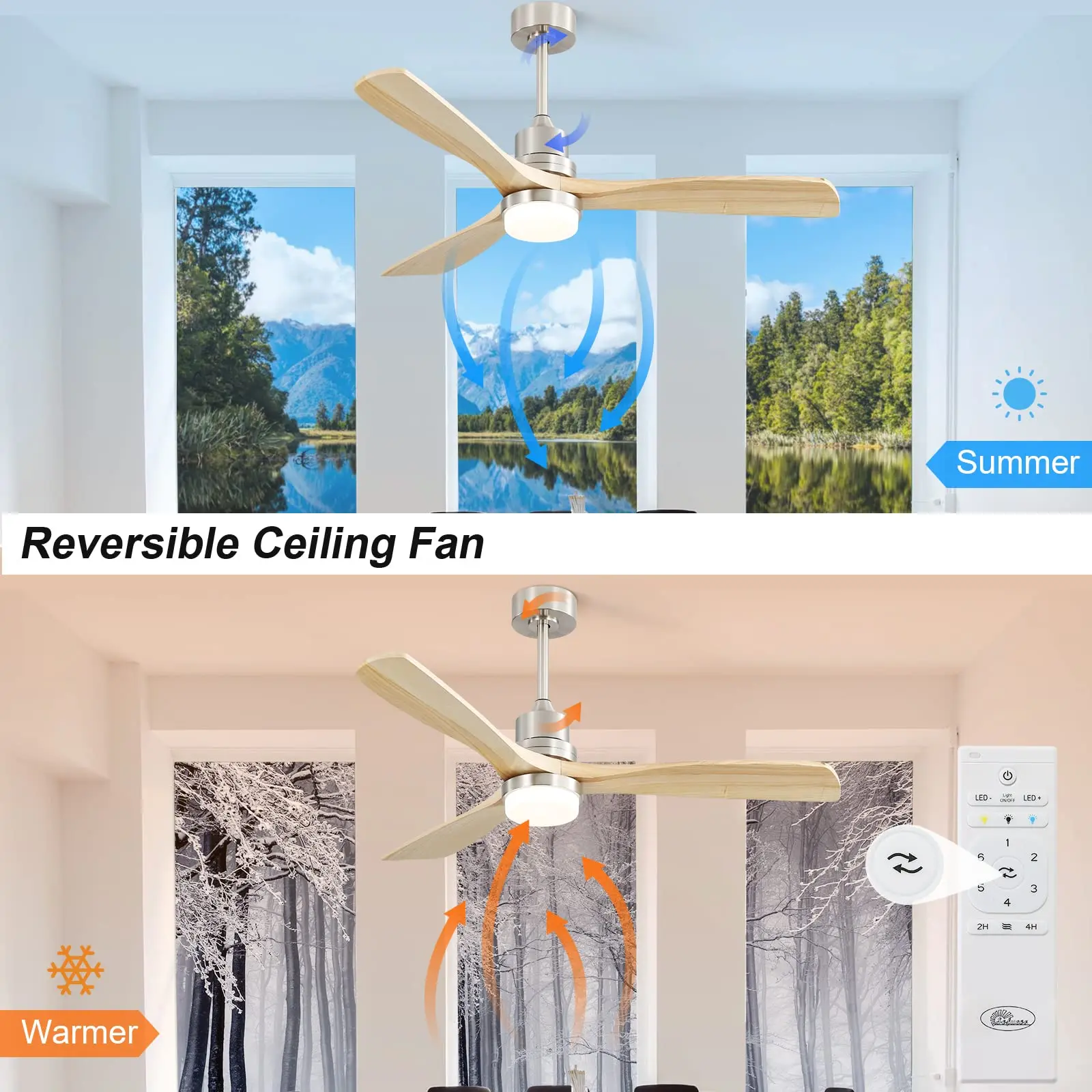 Ventilateur de plafond avec télécommande, lumière LED à intensité variable, 3 ventilateurs en bois, moteur à courant continu réversible, ventilateur de plafond moderne, 52 pouces