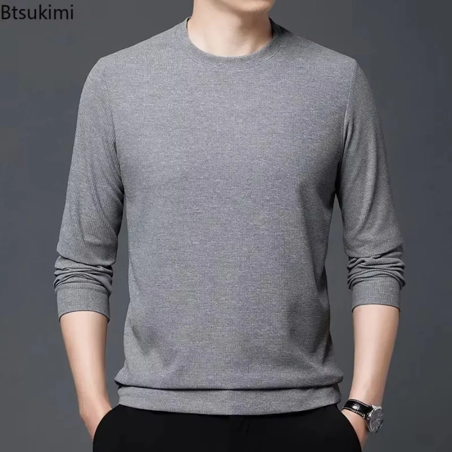 

2025 Men's Long Sleeve Waffle T-shirts Cotton Bottoming Shirts Men Casual Business Versatile Tops Soft Solid Men's Shirts Tops